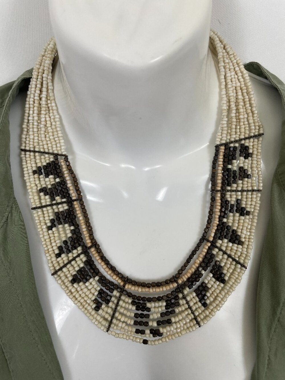 Boho Multi Strand Cream Brown Beaded Geometric Statement Necklace OS